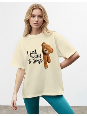 Caddekombin Kadın Just Want Baskılı Bisiklet Yaka Bej T-Shirt