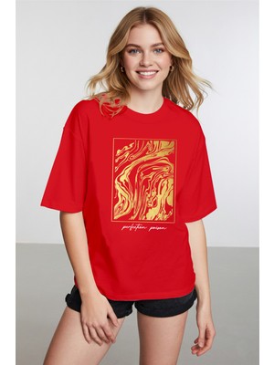 Caddekombin Kadın Gold Figur Baskılı Yuvarlak Yaka Kırmızı T-Shirt