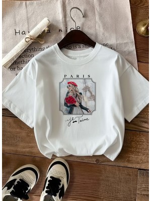 Caddekombin Kadın Romantik Paris Esintili Şık Tasarım Beyaz T-Shirt