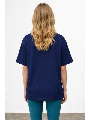 Caddekombin Kadın Gold Leopar Illüstrasyonlu Lacivert T-Shirt