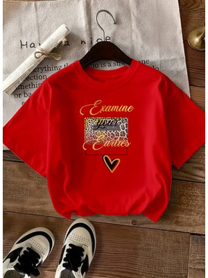 Caddekombin Kadın Leopar Kalp Baskılı Gold Yazılı Kırmızı T-Shirt