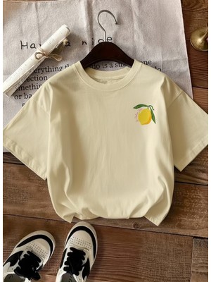 Caddekombin Kadın Çift Taraf Limoncello Baskılı Bej T-Shirt