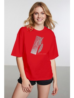 Caddekombin Kadın Palmiye  Detaylı Baskılı Bisiklet Yaka Kırmızı T-Shirt