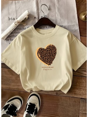 Caddekombin Kadın Wıld At  Baskılı Bisiklet Yaka Bej T-Shirt