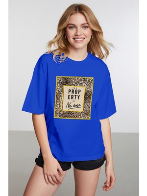 Caddekombin Kadın Leopar Desen Baskılı Bisiklet Yaka Saks Mavi T-Shirt