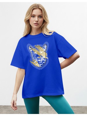 Caddekombin Kadın Leopar Noktalı Grafik Baskılı Basic Saks Mavi T-Shirt
