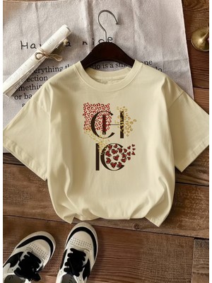 Caddekombin Kadın Şık Tasarım Chıc Yazılı Bisiklet Yaka Bej T-Shirt