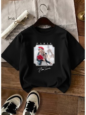 Caddekombin Kadın Romantik Paris Esintili Şık Tasarım Siyah T-Shirt