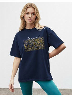 Caddekombin Kadın Sim Görünümlü  Baskılı Bisiklet Yaka Lacivert T-Shirt