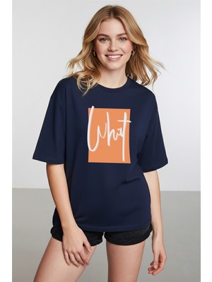 Caddekombin Kadın What Baskılı Bisiklet Yaka Lacivert T-Shirt