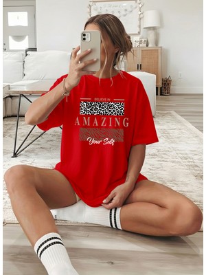 Caddekombin Kadın Leopar Amazing Baskılı Bisiklet Yaka Kırmızı T-Shirt