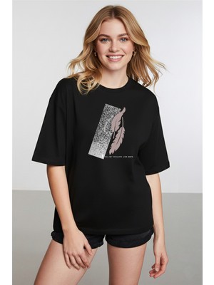 Caddekombin Kadın Palmiye  Detaylı Baskılı Bisiklet Yaka Siyah T-Shirt