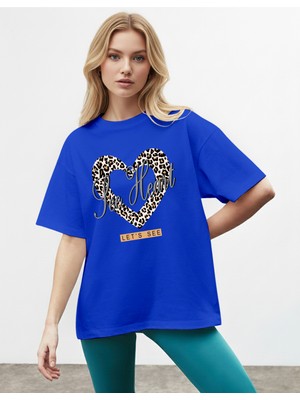 Caddekombin Kadın Leopar Kalp Baskılı Bisiklet Yaka Saks Mavi T-Shirt