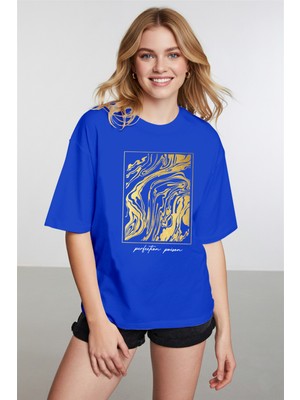 Caddekombin Kadın Gold Figur Baskılı Yuvarlak Yaka Saks Mavi T-Shirt