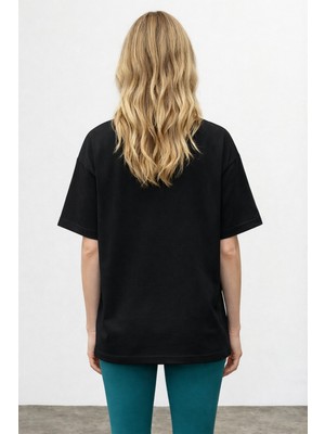 Caddekombin Kadın Leopar Noktalı Grafik Baskılı Basic Siyah T-Shirt