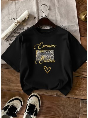 Caddekombin Kadın Leopar Kalp Baskılı Gold Yazılı Siyah T-Shirt