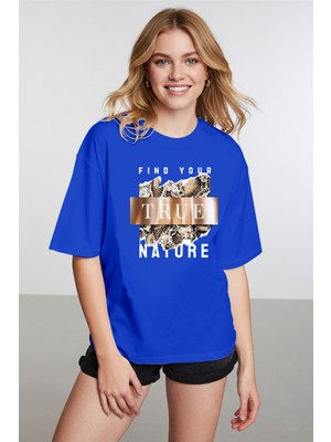 Caddekombin Kadın Motto Yazılı Modern Doğa Temalı Saks Mavi T-Shirt