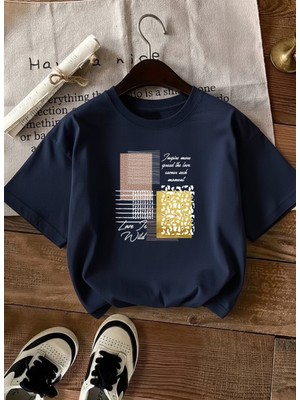Caddekombin Kadın Love Wilt Baskılı Yazılı Basic Lacivert T-Shirt