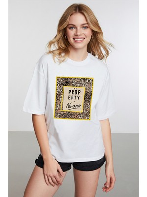 Caddekombin Kadın Leopar Desen Baskılı Bisiklet Yaka Beyaz T-Shirt