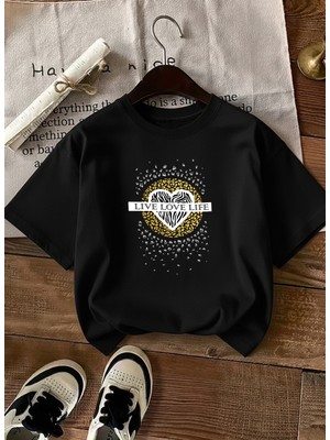 Caddekombin Kadın Live Love Life Sloganlı Kalp Baskılı Bisiklet Yaka Siyah T-Shirt