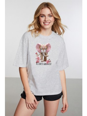 Caddekombin Kadın Espiri Fil Grafik Baskılı Yuvarlak Yaka  Gri T-Shirt