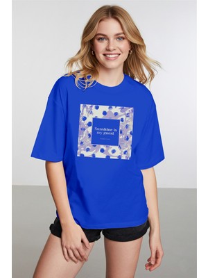 Caddekombin Kadın Gold Baskılı Sunshine Yazılı Saks Mavi T-Shirt