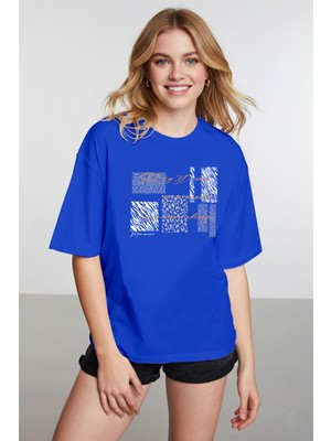 Caddekombin Kadın Zebra ve Leopar Detaylı Bisiklet Yaka Saks Mavi T-Shirt