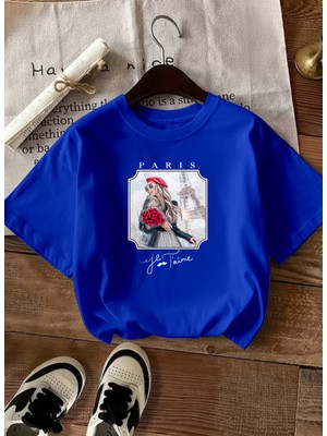 Caddekombin Kadın Romantik Paris Esintili Şık Tasarım Saks Mavi T-Shirt