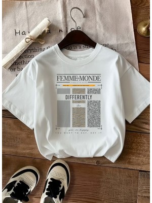 Caddekombin Kadın Femme Baskılı Bisiklet Yaka Beyaz T-Shirt