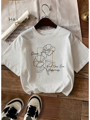 Caddekombin Kadın Gold Çerçeveli Çiçek Baskılı Gri T-Shirt