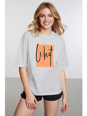 Caddekombin Kadın What Baskılı Bisiklet Yaka Gri T-Shirt