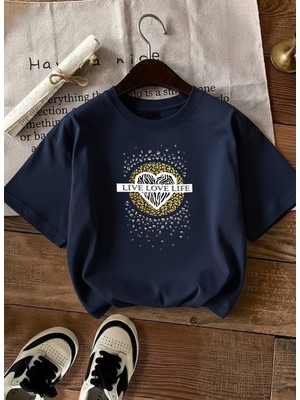 Caddekombin Kadın Live Love Life Sloganlı Kalp Baskılı Bisiklet Yaka Lacivert T-Shirt
