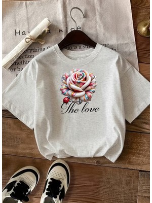 Caddekombin Kadın The Love Baskılı Baskılı Yuvarlak Yaka Gri T-Shirt