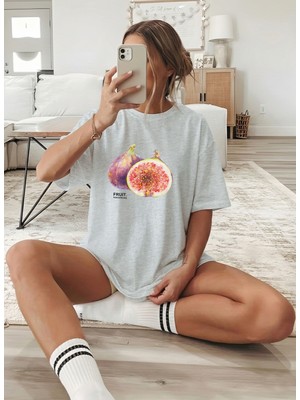 Caddekombin Kadın Pinterest Incir Baskılı Bisiklet Yaka Gri T-Shirt