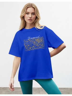 Caddekombin Kadın Sim Görünümlü  Baskılı Bisiklet Yaka Saks Mavi T-Shirt