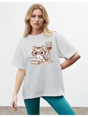 Caddekombin Kadın Kedi Baskılı Bisiklet Yaka Gri T-Shirt