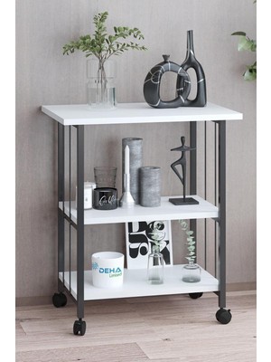 Braventa Collection Dehalimited Çok Amaçlı Frenli Tekerlekli 3 Katlı Mutfak Fırınlık Kahve Masası Yazıcı Sehpası Servis