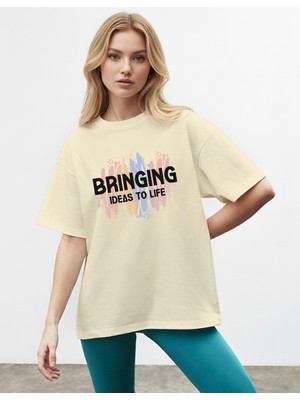 Caddekombin Kadın Modern Sanat Baskılı Bisiklet Yaka Bej T-Shirt