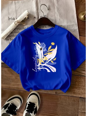 Caddekombin Kadın Altın Yıldız Detaylı Soyut Çiçekli Saks Mavi T-Shirt