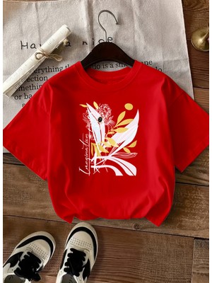 Caddekombin Kadın Altın Yıldız Detaylı Soyut Çiçekli Kırmızı T-Shirt