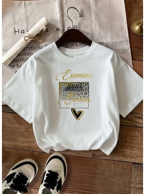 Caddekombin Kadın Leopar Kalp Baskılı Gold Yazılı Beyaz T-Shirt