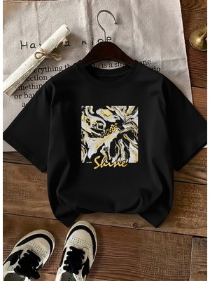 Caddekombin Kadın Soyut Mermer Desenli Grafik Baskılı Siyah T-Shirt