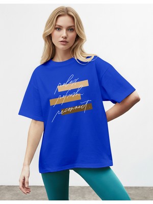 Caddekombin Kadın Motivasyon Mottolu Şerit Baskılı Saks Mavi T-Shirt