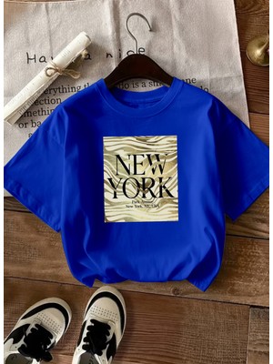 Caddekombin Kadın Zebra Desenli New York Grafik Baskılı Saks Mavi T-Shirt