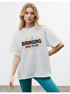 Caddekombin Kadın Modern Sanat Baskılı Bisiklet Yaka Gri T-Shirt