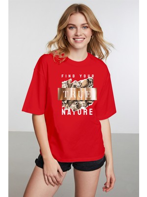 Caddekombin Kadın Motto Yazılı Modern Doğa Temalı Kırmızı T-Shirt