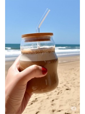 Braventa Collection Paçi Bambu Kapaklı Cam Pipetli 450 ml Borosilikat Bardak