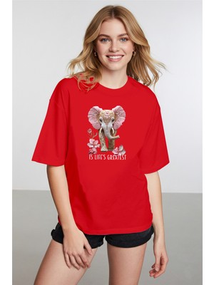Caddekombin Kadın Espiri Fil Grafik Baskılı Yuvarlak Yaka Saks Kırmızı T-Shirt