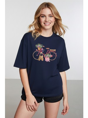 Caddekombin Kadın Pug Grafik Baskılı Yuvarlak Yaka Lacivert T-Shirt