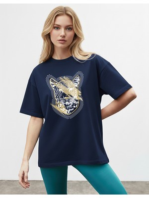 Caddekombin Kadın Leopar Noktalı Grafik Baskılı Basic Lacivert T-Shirt